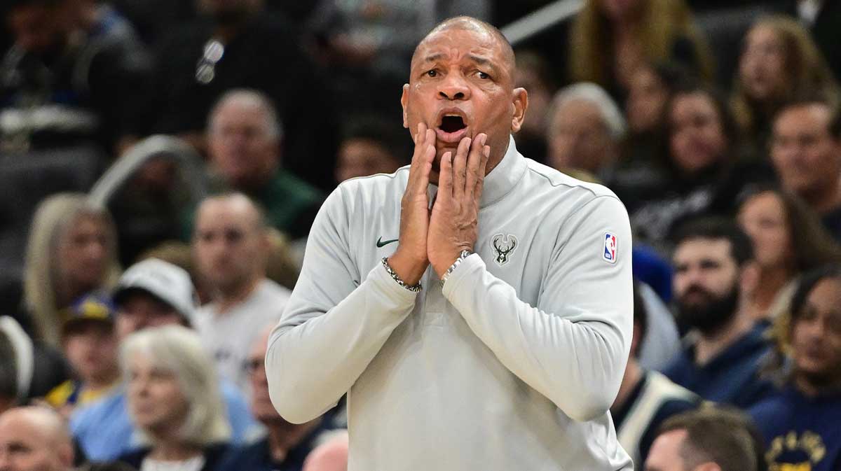 Milwaukee Bucks head coach Doc Rivers reacts in the second quarter against the Golden State Warriors at Fiserv Forum.
