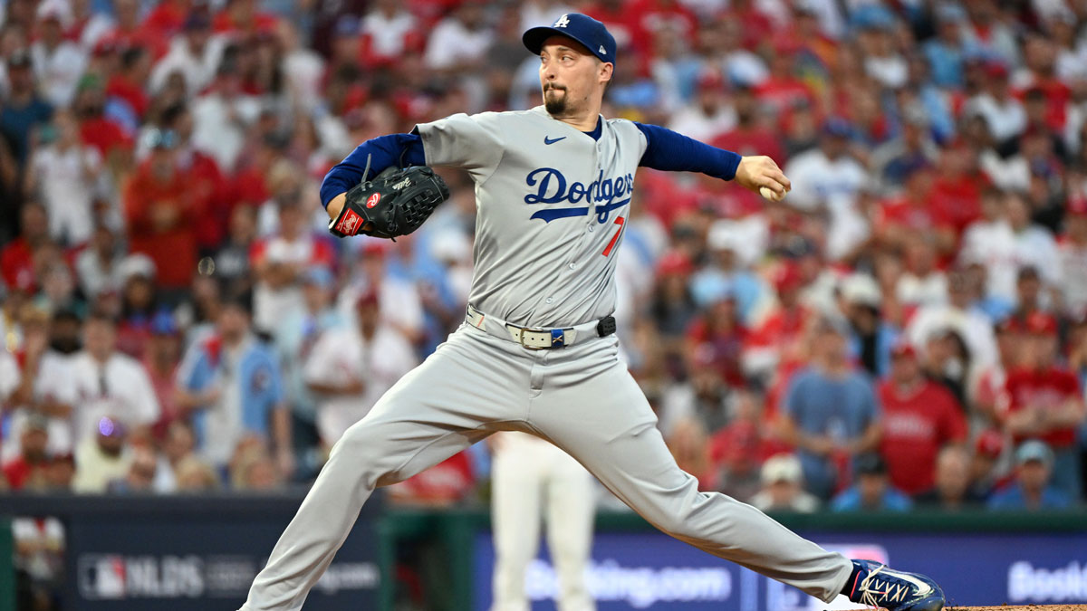 Los Angeles Dodgers pitcher Blake Snell (7) throws a pitch against the Philadelphia Phillies in the first inning during game two of the NLDS round for the 2025 MLB playoffs at Citizens Bank Park
