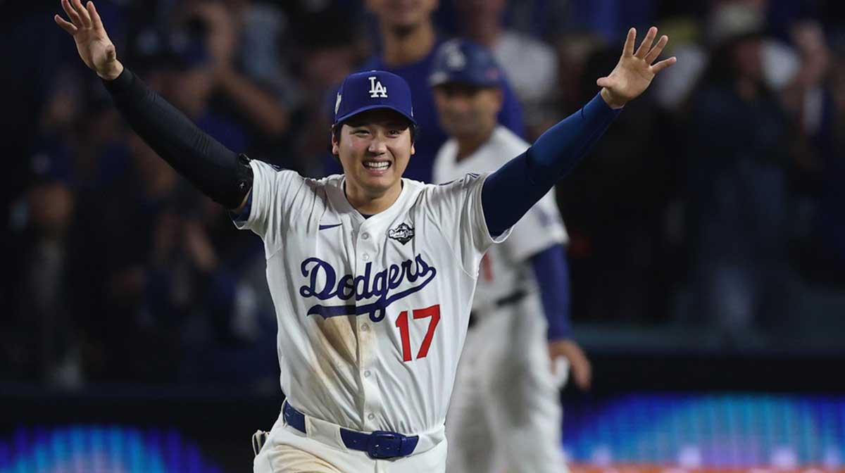 Los Angeles Dodgers designated hitter Shohei Ohtani (17) celebrates after winning in the eighteenth inning against the Toronto Blue Jays in game three of the 2025 MLB World Series at Dodger Stadium.