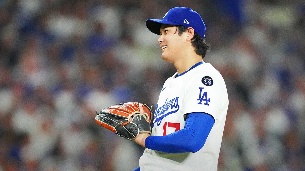 Los Angeles Dodgers two-way player Shohei Ohtani (17) reacts in the seventh inning against the Milwaukee Brewers during game four of the NLCS round for the 2025 MLB playoffs at Dodger Stadium.