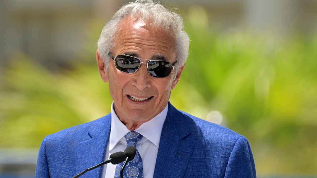 Sandy Koufax speaks on during an unveiling ceremony for the brand new Koufax commemorative statue at the Centerfield Plaza at Dodger Stadium.