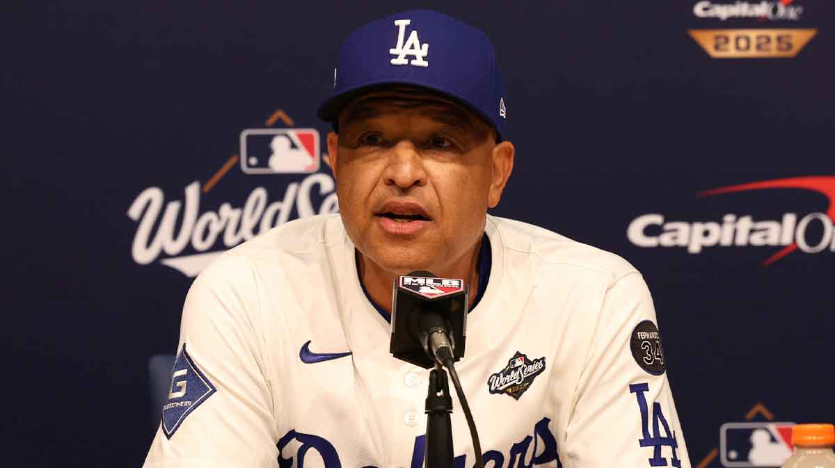 Los Angeles Dodgers manager Dave Roberts (30) speaks in a press conference after defeating the Toronto Blue Jays in game three of the 2025 MLB World Series at Dodger Stadium.