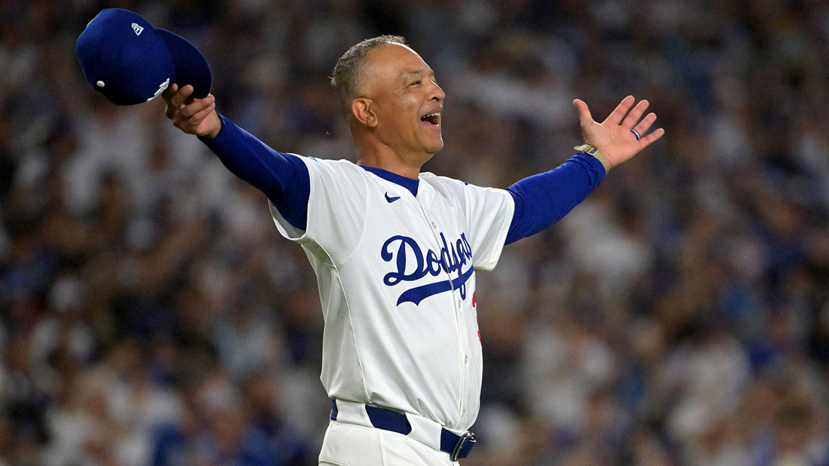 Los Angeles Dodgers manager Dave Roberts (30) celebrates after winning the NLDS round for the 2025 MLB playoffs against the Philadelphia Phillies at Dodger Stadium.