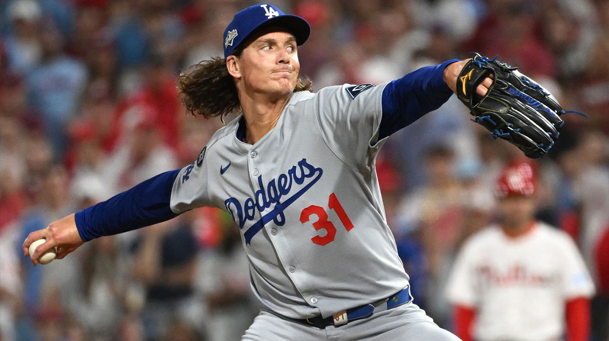 Los Angeles Dodgers pitcher Tyler Glasnow (31) pitches against the Philadelphia Phillies in the seventh inning during game one of the NLDS round for the 2025 MLB playoffs at Citizens Bank Park. Mandatory Credit: Eric Hartline-Imagn Images