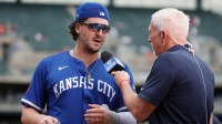 Kansas City Royals first baseman Vinnie Pasquantino (9) is interviewed at the end of the game against the Detroit Tigers at Comerica Park.