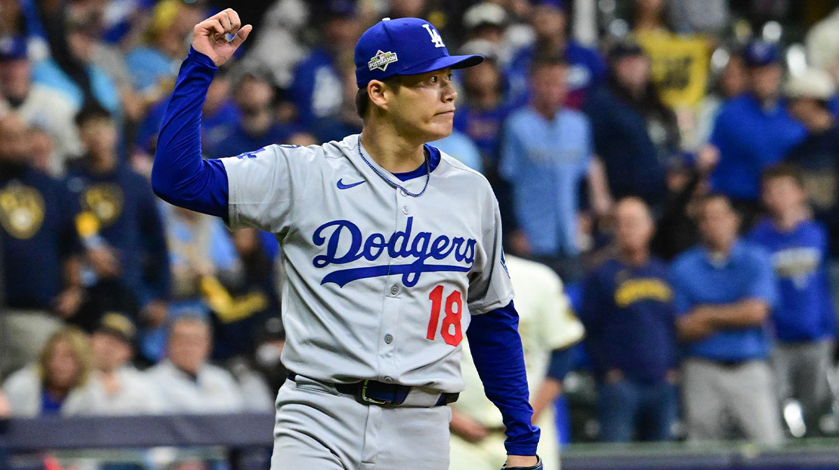 Los Angeles Dodgers pitcher Yoshinobu Yamamoto (18) reacts after game two of the NLCS round against the Milwaukee Brewers for the 2025 MLB playoffs at American Family Field.