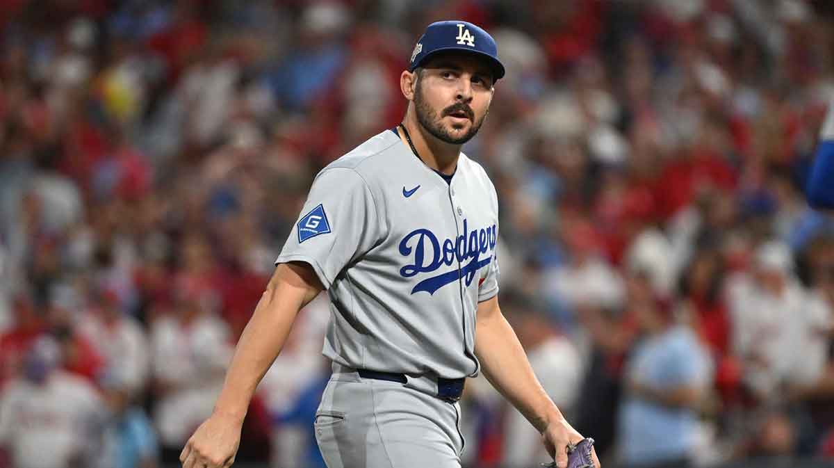 Los Angeles Dodgers pitcher Alex Vesia (51) reacts in the eighth inning against the Philadelphia Phillies during game one of the NLDS round for the 2025 MLB playoffs at Citizens Bank Park. 