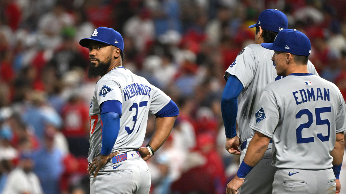 Los Angeles Dodgers right fielder Teoscar Hernandez (37) looks on from the field after defeating the Philadelphia Phillies in game one of the NLDS round for the 2025 MLB playoffs at Citizens Bank Park.