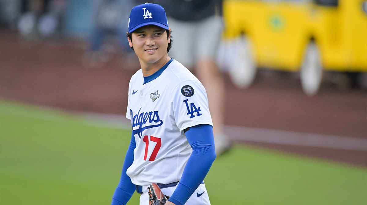 Los Angeles Dodgers two-way player Shohei Ohtani (17) looks on before the game against the Toronto Blue Jays during game four of the 2025 MLB World Series at Dodger Stadium.
