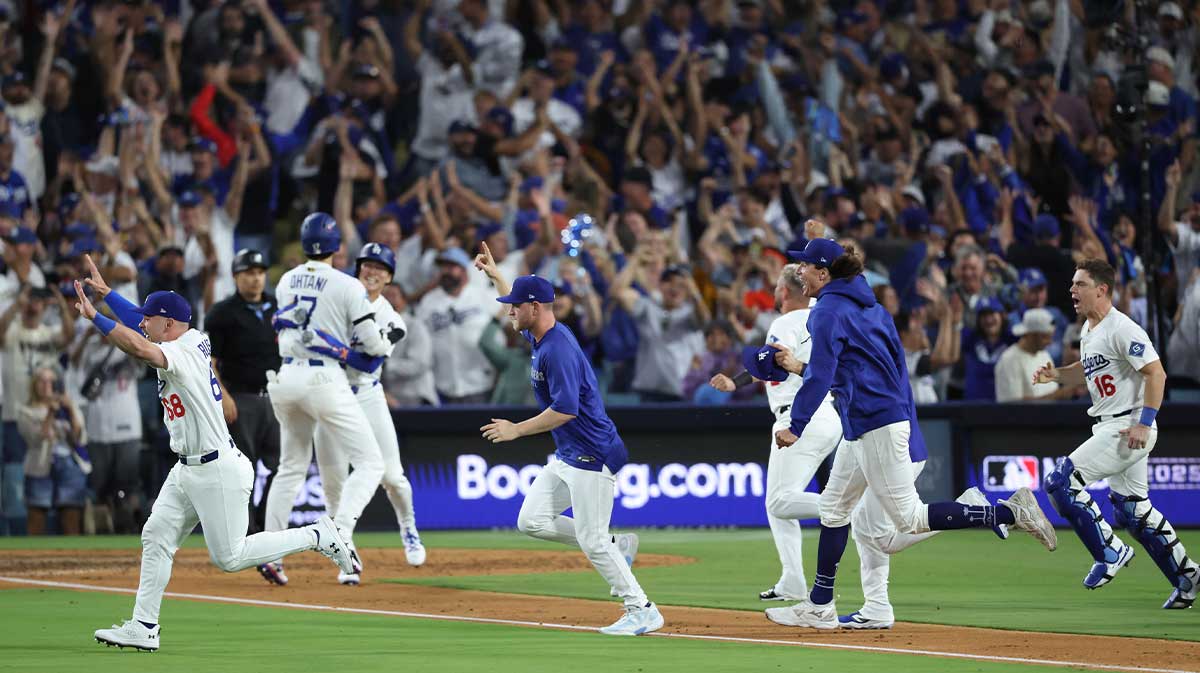 Los Angeles Dodgers celebrate after winning the NLDS round for the 2025 MLB playoffs against the Philadelphia Phillies at Dodger Stadium.