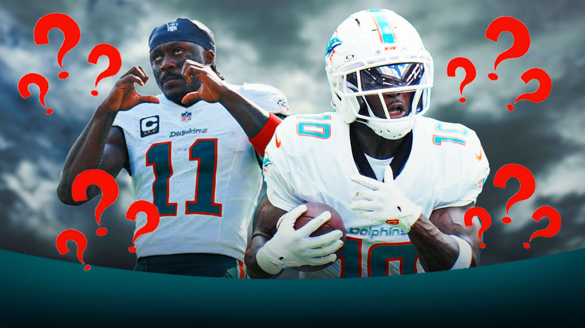 AJ Brown in a Miami Dolphins uniform, Tyreek Hill beside him, Question marks all around them, Dark clouds in the background