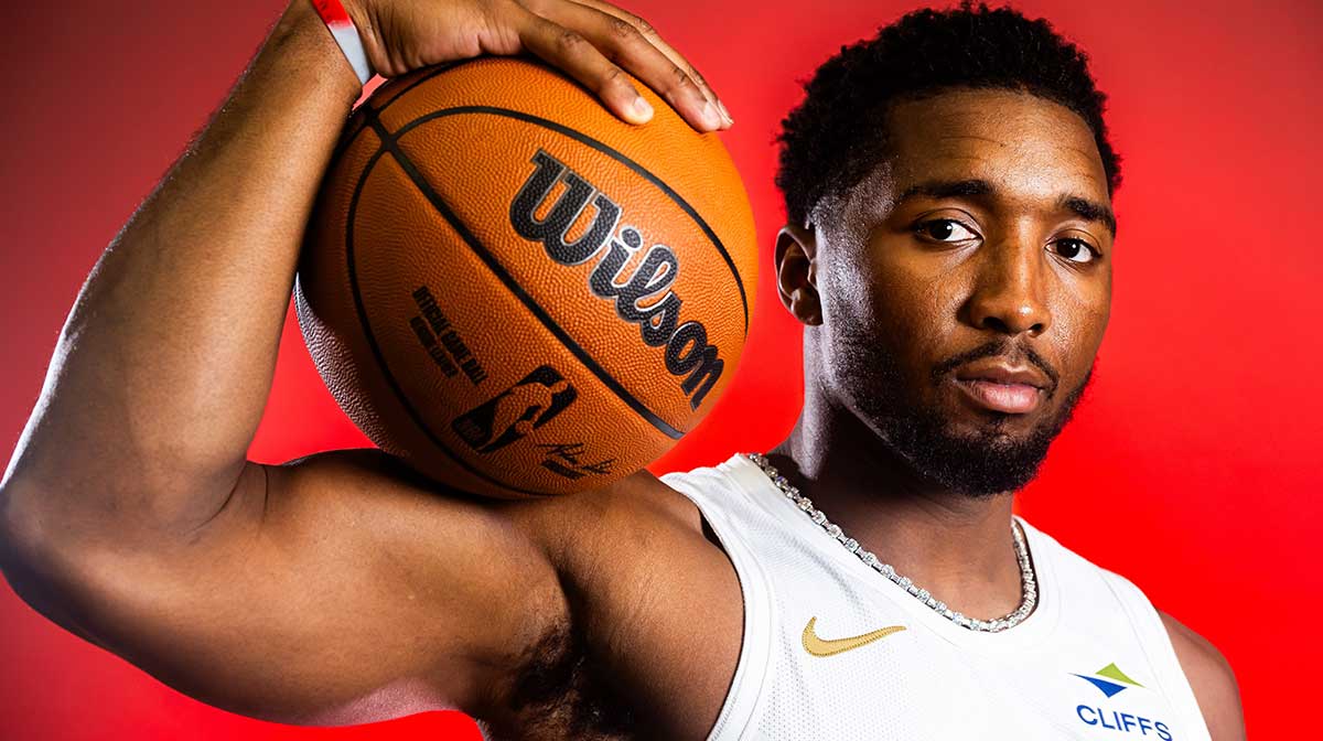 Cleveland Cavaliers guard Donovan Mitchell (45) during media day at Rocket Arena.