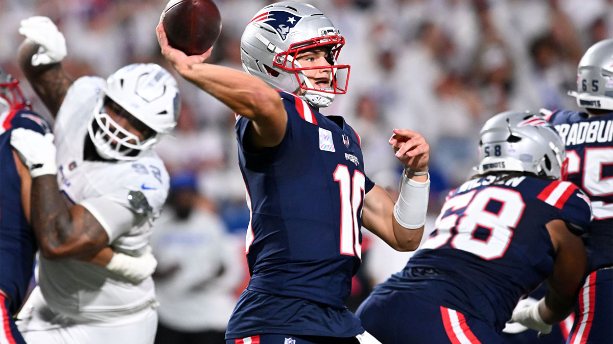 New England Patriots quarterback Drake Maye (10) drops back to pass against the Buffalo Bills during the first half at Highmark Stadium.