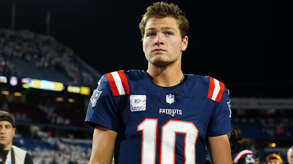 New England Patriots quarterback Drake Maye (10) walks off the field against the Buffalo Bills after the game at Highmark Stadium.
