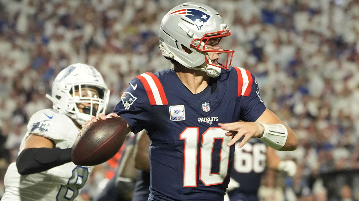 New England Patriots quarterback Drake Maye (10) drops back to pass against the Buffalo Bills during the second half at Highmark Stadium.