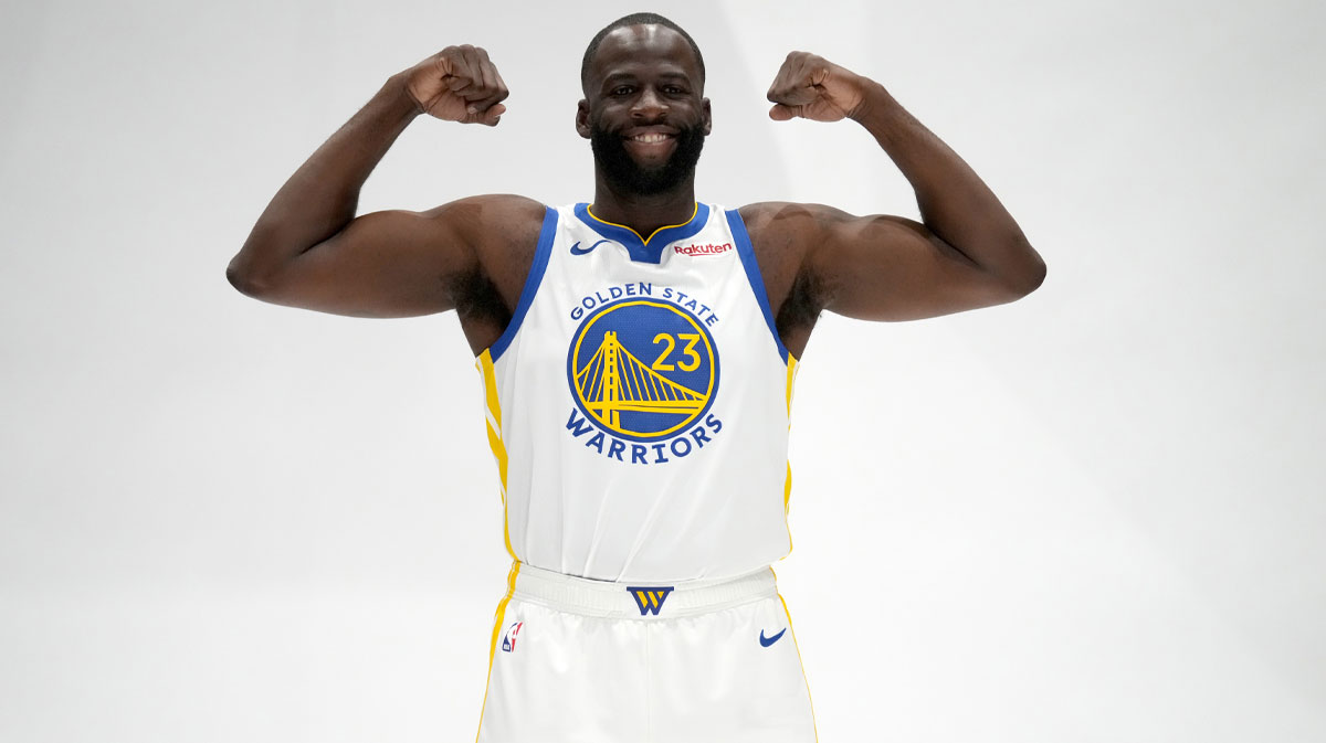 Golden State Warriors forward Draymond Green (23) flexes during Media Day at the Chase Center.