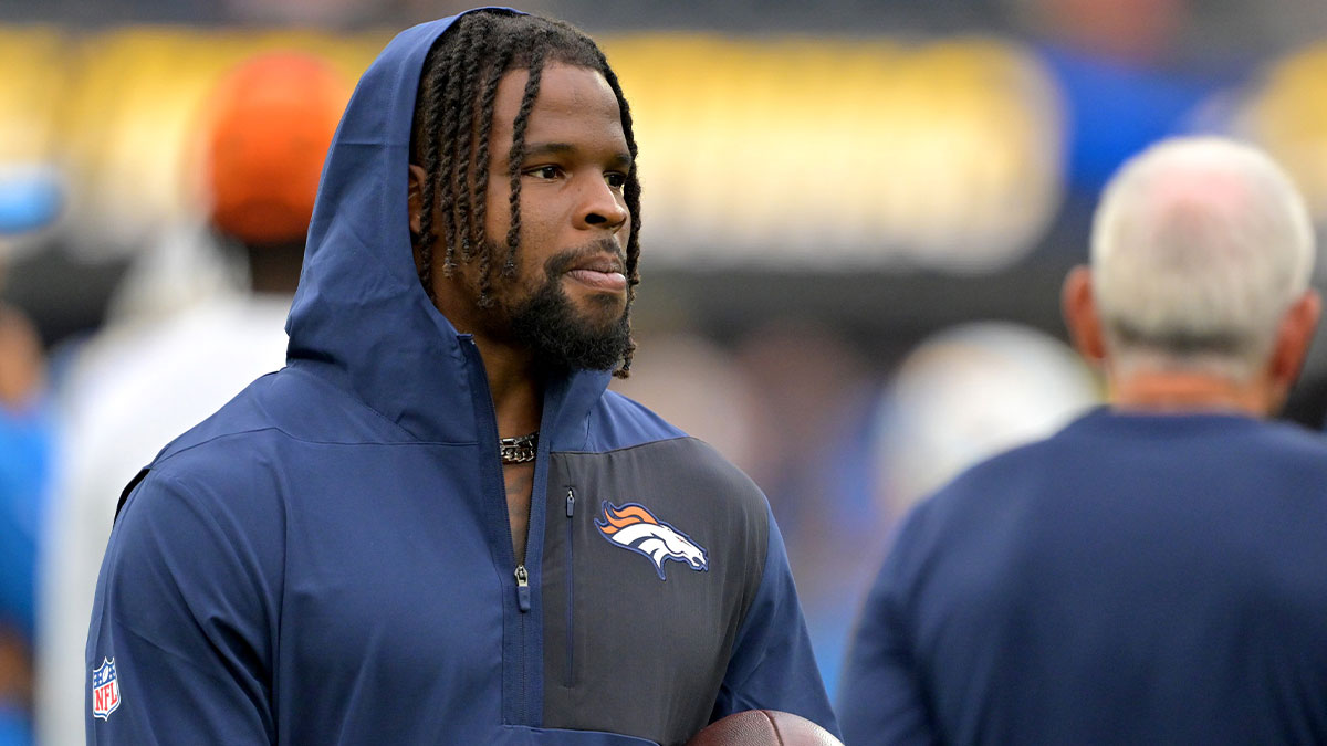 Denver Broncos linebacker Dre Greenlaw (57) on the sidelines prior to the game against the Los Angeles Chargers at SoFi Stadium.