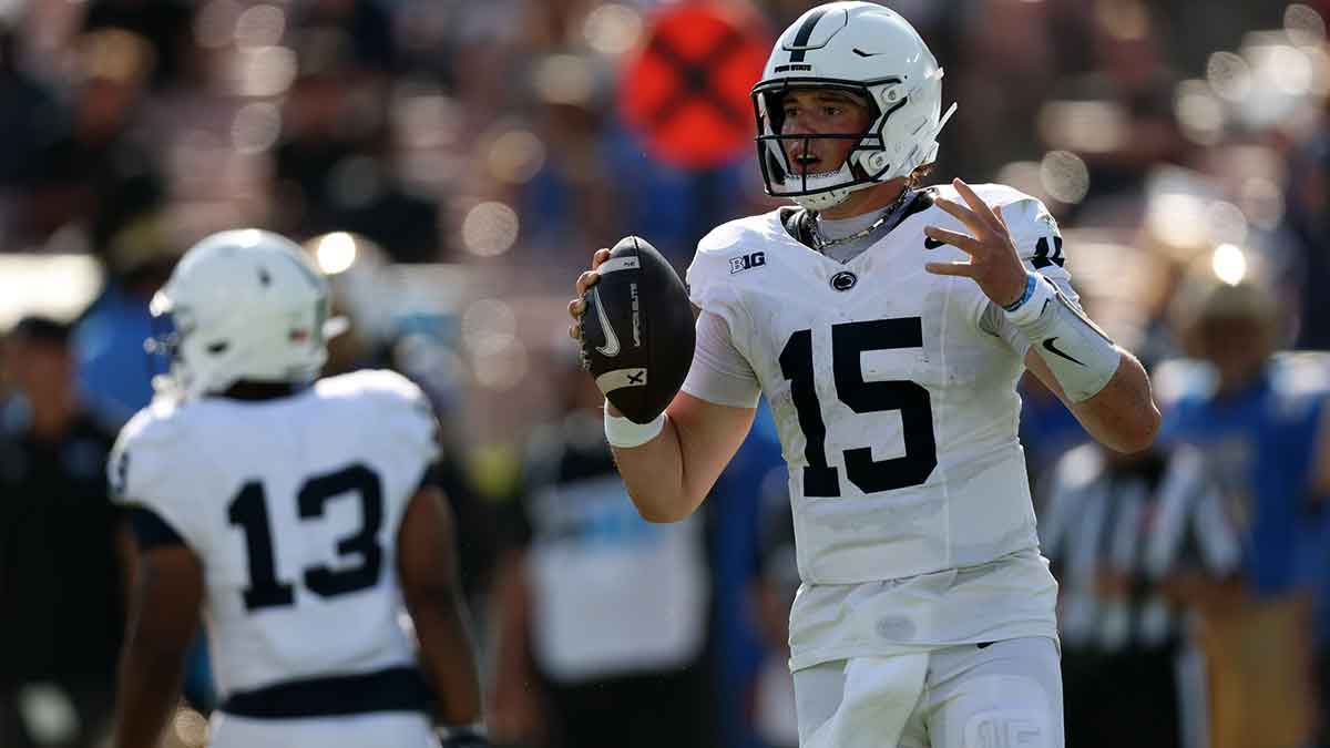 Penn State Nittany Lions quarterback Drew Allar (15) reacts to a call during the fourth quarter against the UCLA Bruins at Rose Bowl. Mandatory Credit: Kiyoshi Mio-Imagn Images