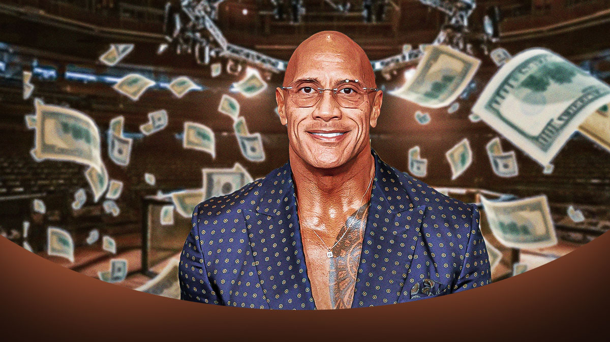 Dwayne Johnson, who took a pay cut on his salary to star in The Smashing Machine, with UFC Octagon and money all around him.