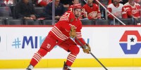 Detroit Red Wings center Dylan Larkin (71) skates with the puck in the first period against the Montréal Canadiens at Little Caesars Arena.