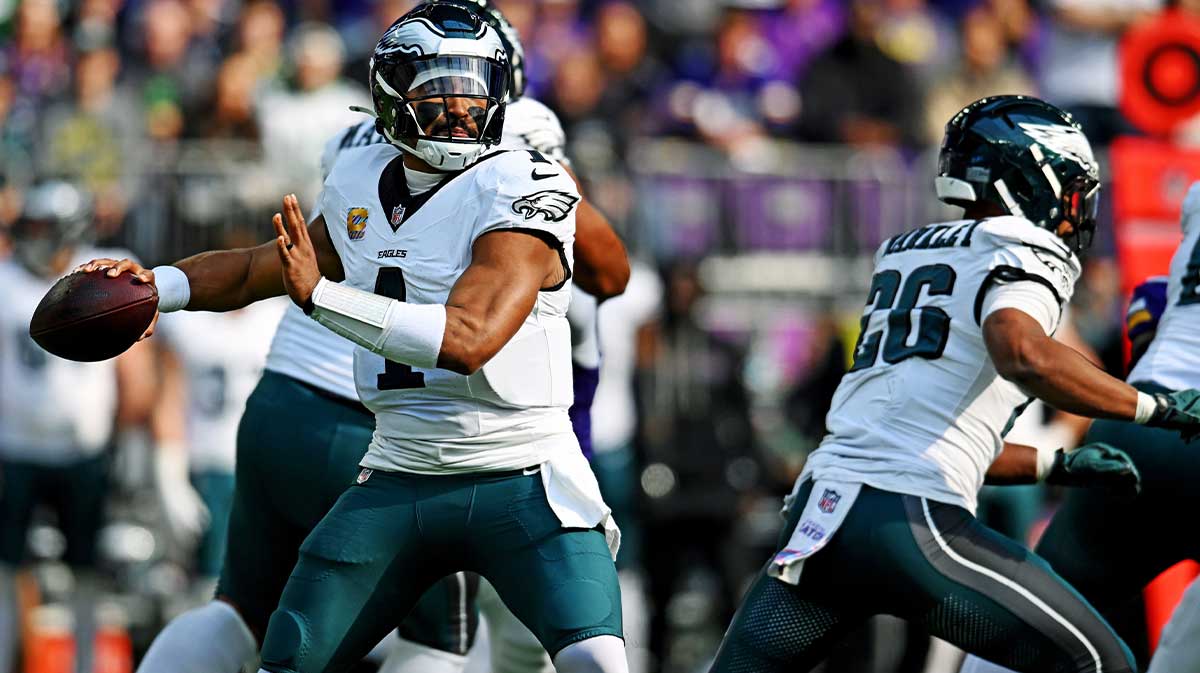 Philadelphia Eagles quarterback Jalen Hurts (1) passes the ball during the first half against the Minnesota Vikings at U.S. Bank Stadium.