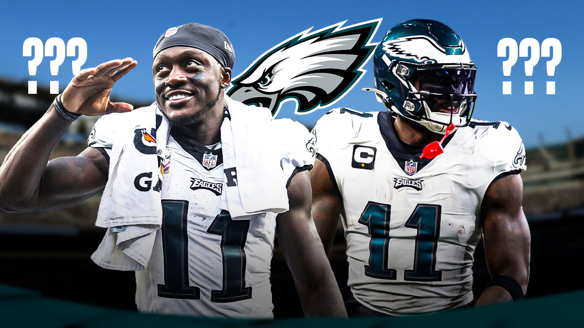 Two pictures of Philadelphia Eagles A.J. Brown with an Eagles logo between them in the background and then instead of two other team logos on the left and right side, could there be a '???' in place of other logos