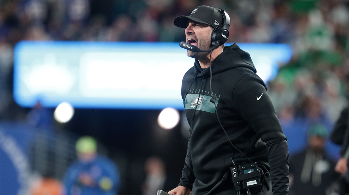 Philadelphia Eagles head coach Nick Sirianni reacts during the fourth quarter of the game against the New York Giants at MetLife Stadium.