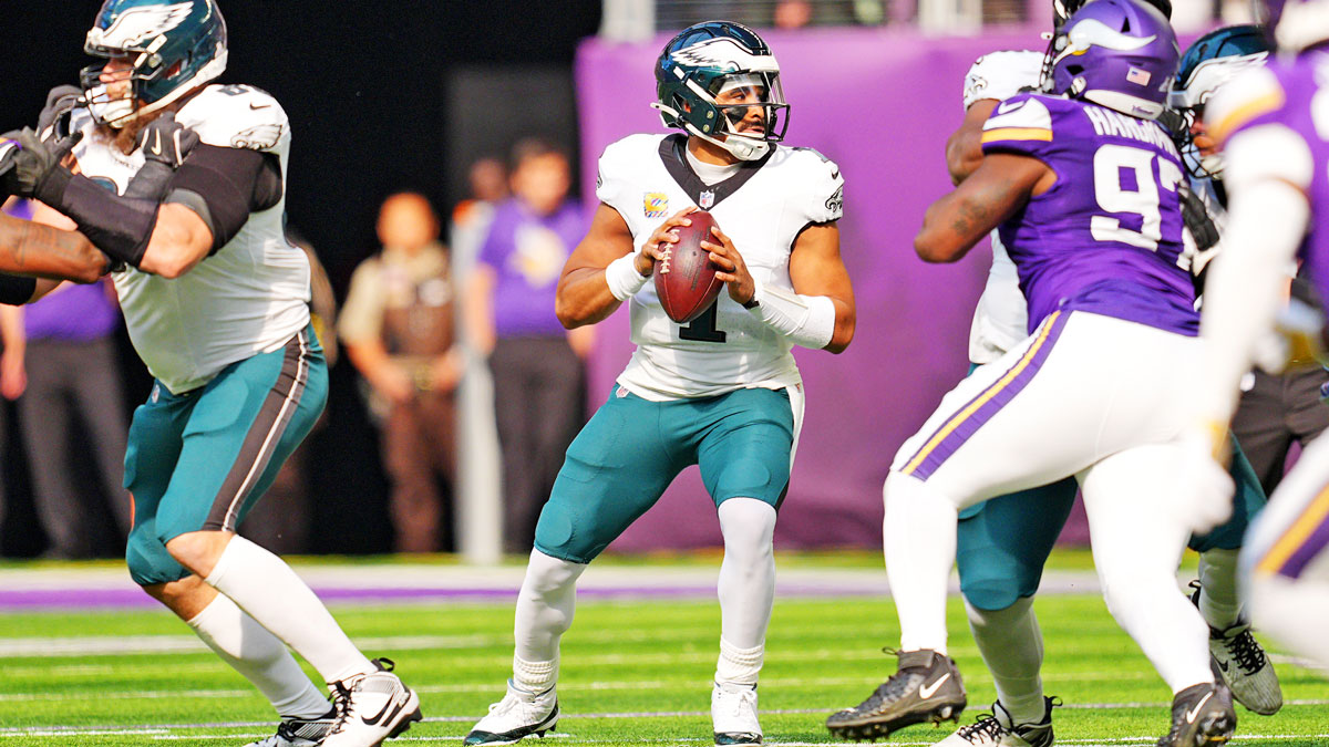 Philadelphia Eagles quarterback Jalen Hurts (1) drops back for a pass during the first half against the Minnesota Vikings at U.S. Bank Stadium.