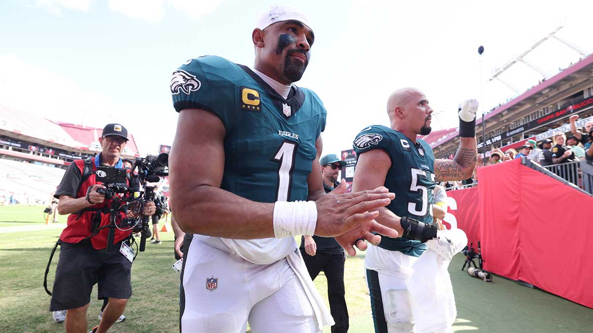 Sep 28, 2025; Tampa, Florida, USA; Philadelphia Eagles quarterback Jalen Hurts (1) walks off the field after the game against the Tampa Bay Buccaneers at Raymond James Stadium