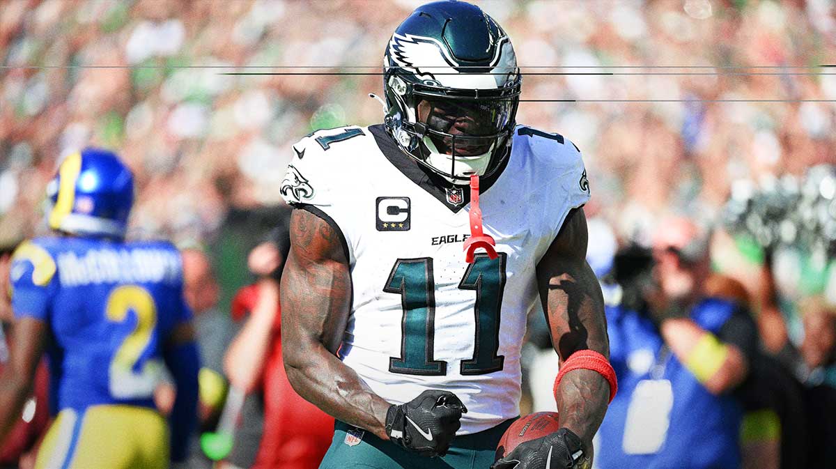 Sep 21, 2025; Philadelphia, Pennsylvania, USA; Philadelphia Eagles wide receiver AJ. Brown (11) reacts against the Los Angeles Rams during the second half at Lincoln Financial Field. Mandatory Credit: Eric Hartline-Imagn Images
