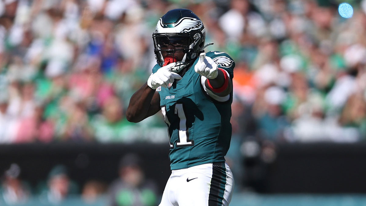 Philadelphia Eagles wide receiver A.J. Brown (11) reacts after a catch against the Denver Broncos in the second quarter at Lincoln Financial Field.