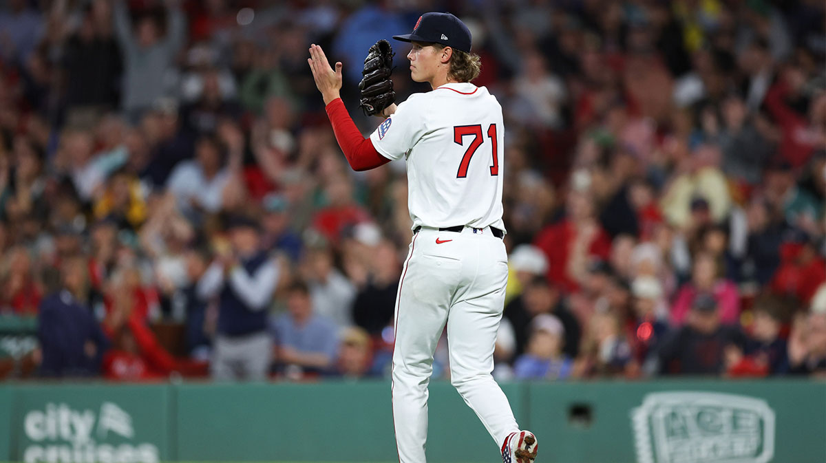 Boston Red Sox starting pitcher Connelly Early (71) celebrates after a catch by Boston Red Sox center fielder Ceddanne Rafaela (not pictured) during the fourth inning against the Athletics at Fenway Park.
