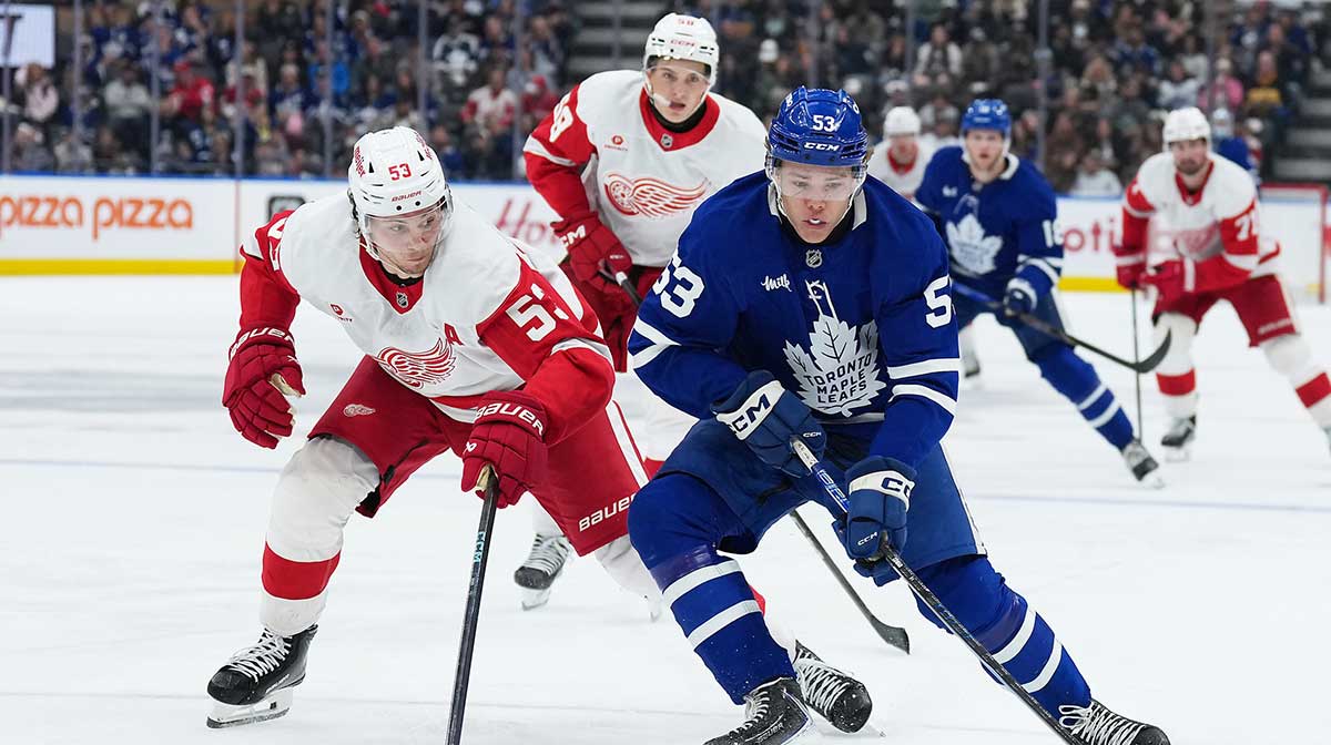 Toronto Maple Leafs right wing Easton Cowan (53) battles for the puck with Detroit Red Wings defenseman Moritz Seider (53) during the third period at Scotiabank Arena.