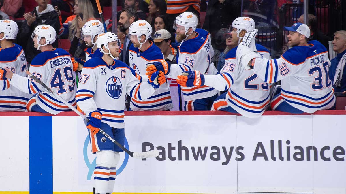 Edmonton Oilers center Connor McDavid (97) celebrates a goal in the first period against the Ottawa Senators at the Canadian Tire Centre.
