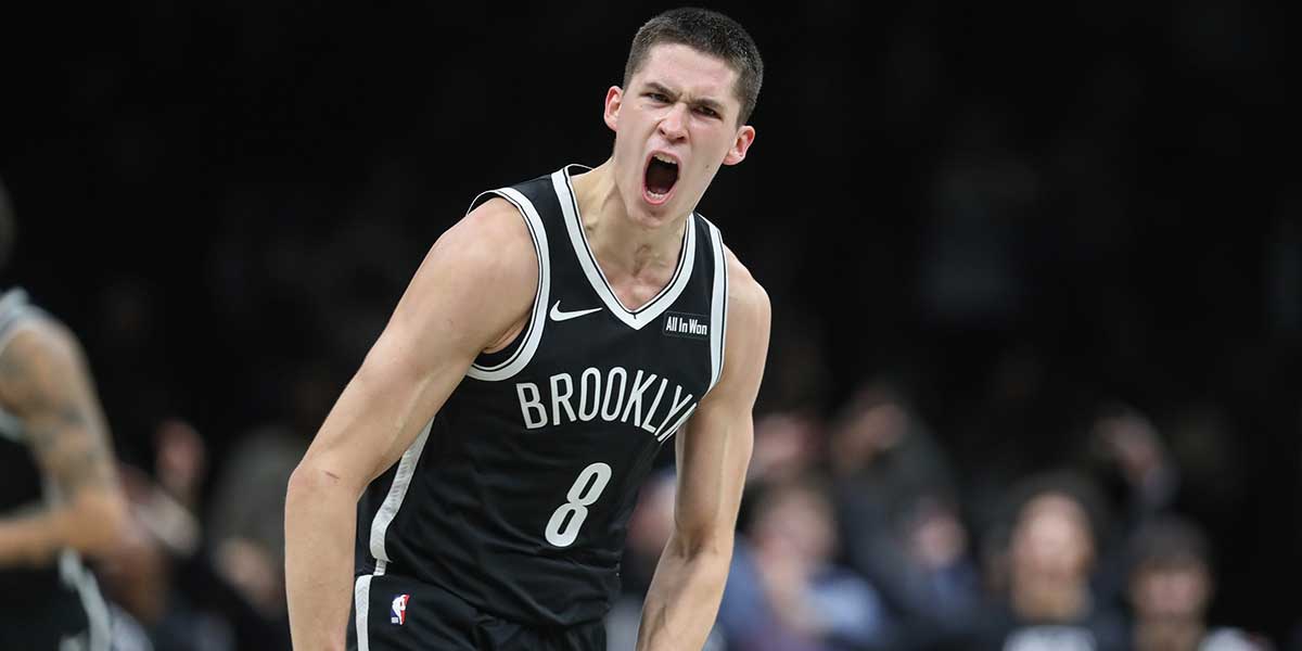 Brooklyn Nets guard Egor Demin (8) celebrates after scoring in the fourth quarter against the Cleveland Cavaliers at Barclays Center.