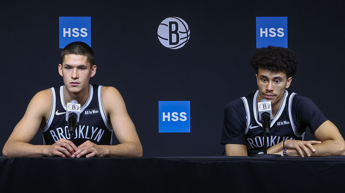Sep 23, 2025; Brooklyn, NY, USA; Brooklyn Nets guards Egor Demin (8) and Nolan Traore (88) speak at Media Day. Mandatory Credit: Wendell Cruz-Imagn Images