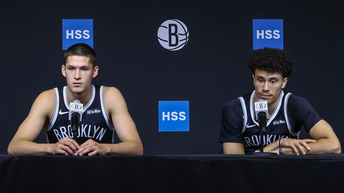 Brooklyn Nets guards Egor Demin (8) and Nolan Traore (88) speak at Media Day.