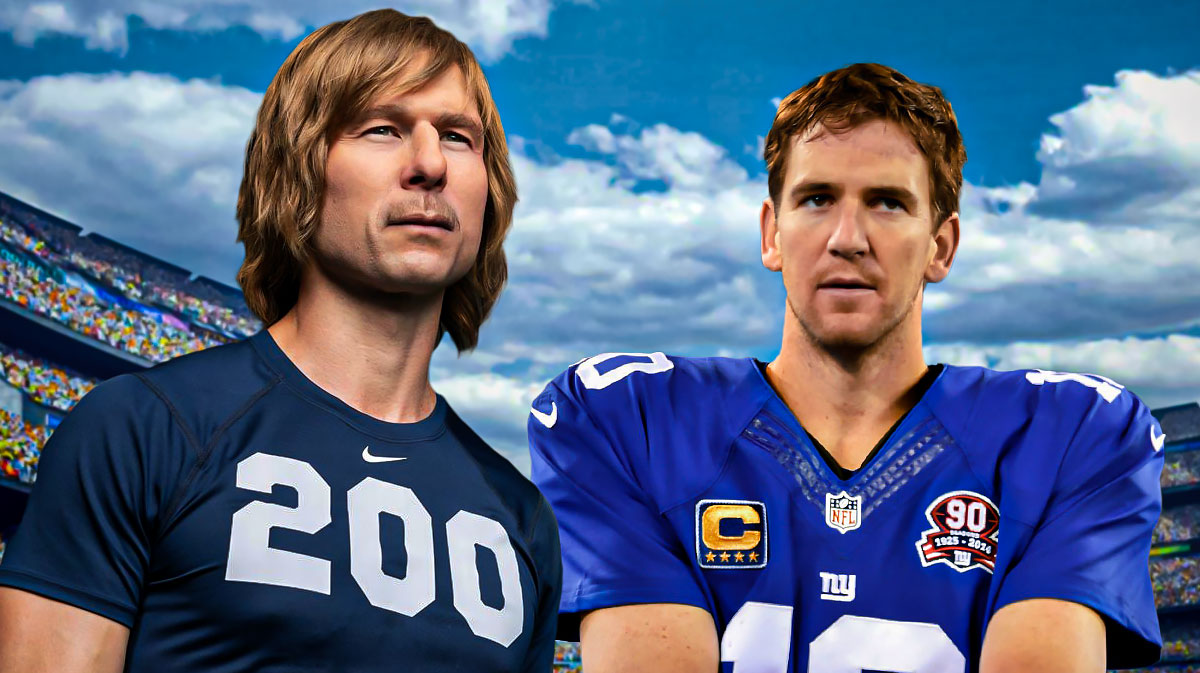 Chad Powers series star Glen Powell next to Eli Manning.
