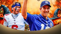 New York Giants quarterback Jaxson Dart and Eli Manning with Halloween background.
