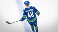 Vancouver Canucks forward Elias Pettersson (40) skates during warm up prior to a game against the St. Louis Blues at Rogers Arena.