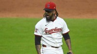 Cleveland Guardians relief pitcher Emmanuel Clase (48) celebrates the final out in a win over the Milwaukee Brewers at Progressive Field.