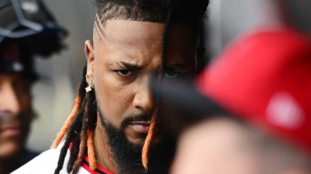 Cleveland Guardians relief pitcher Emmanuel Clase (48) reacts in the dugout after blowing a save during the ninth inning against the Detroit Tigers at Progressive Field.