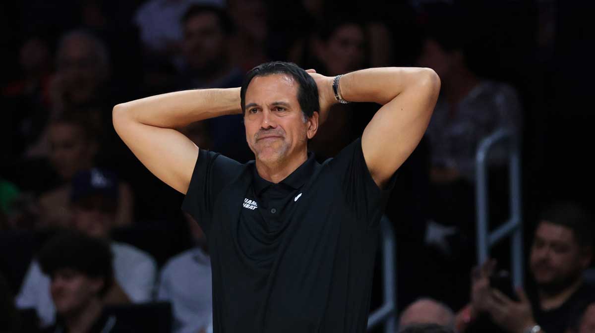 Miami Heat head coach Erik Spoelstra reacts against the Charlotte Hornets during the second quarter at Kaseya Center.