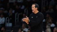 Miami Heat head coach Erik Spoelstra reacts from the sideline against the Chicago Bulls during the fourth quarter at Kaseya Center.