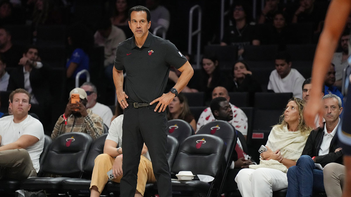 Miami Heat head coach Erik Spoelstra looks on during the second half against the Memphis Grizzlies at Kaseya Center.