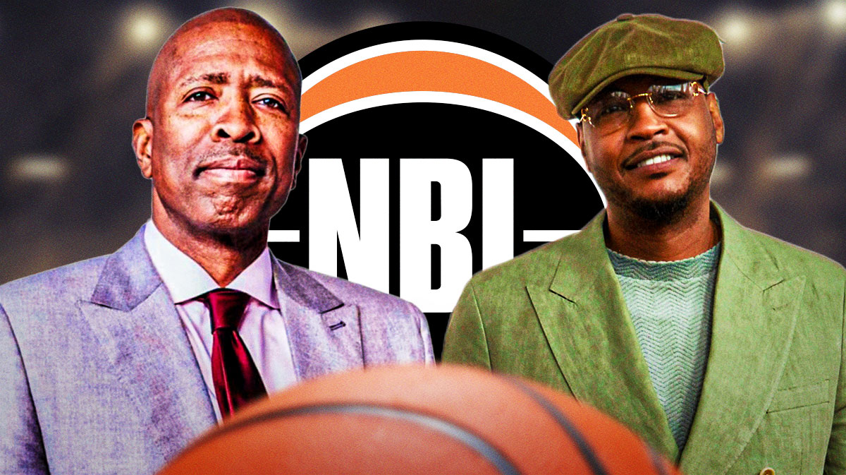 Carmelo Anthony and Kenny Smith with NBL logo