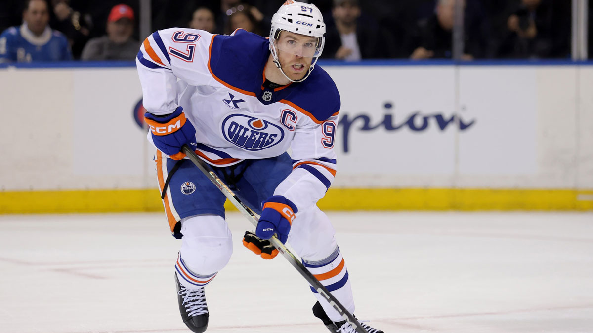 Edmonton Oilers center Connor McDavid (97) skates against the New York Rangers during the first period at Madison Square Garden.