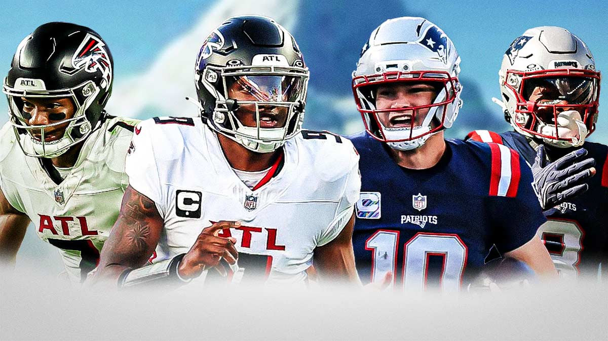 Michael Penix Jr, Bijan Robinson, Drake Maye, Stefon Diggs all beside each other, Iceberg in the background