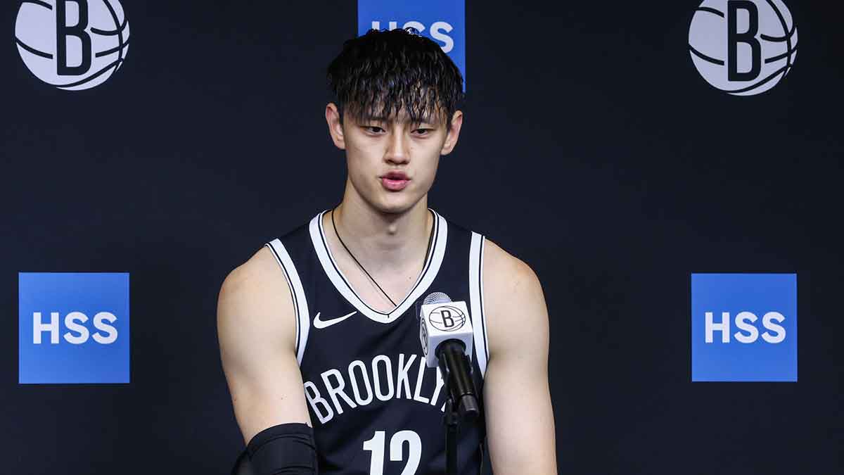 Brooklyn Nets forward Zeng Fanbo (12) speaks at Media Day.