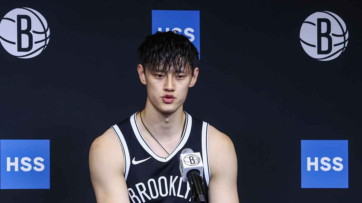 Brooklyn Nets forward Zeng Fanbo (12) speaks at Media Day.